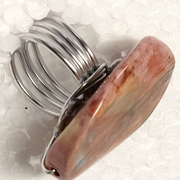 Pink Oval Ring Adjustable Band Handmade Semi Precious Ring - Picture 5 of 9